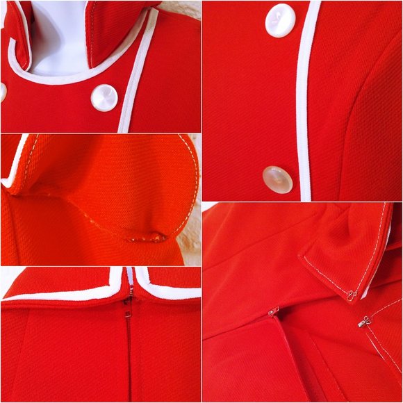 Vintage 60s-70s Uniform Dress Waitress Service -M(8) Knit Polyester Red White - Picture 9 of 10